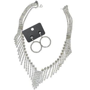 Estate Jewelry Silver Tone Clear Rhinestone Necklace and Earrings Bundle VTG